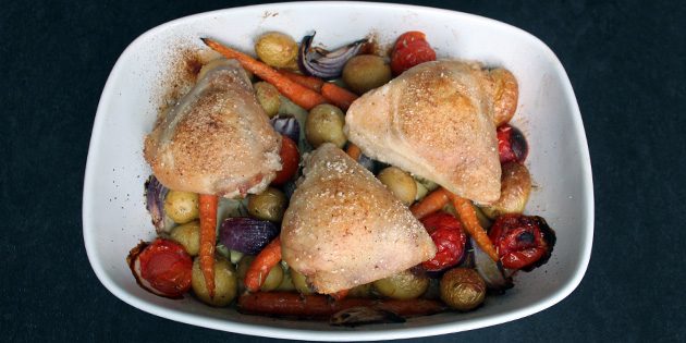 Kylling overlr i ovn med grnnsaker